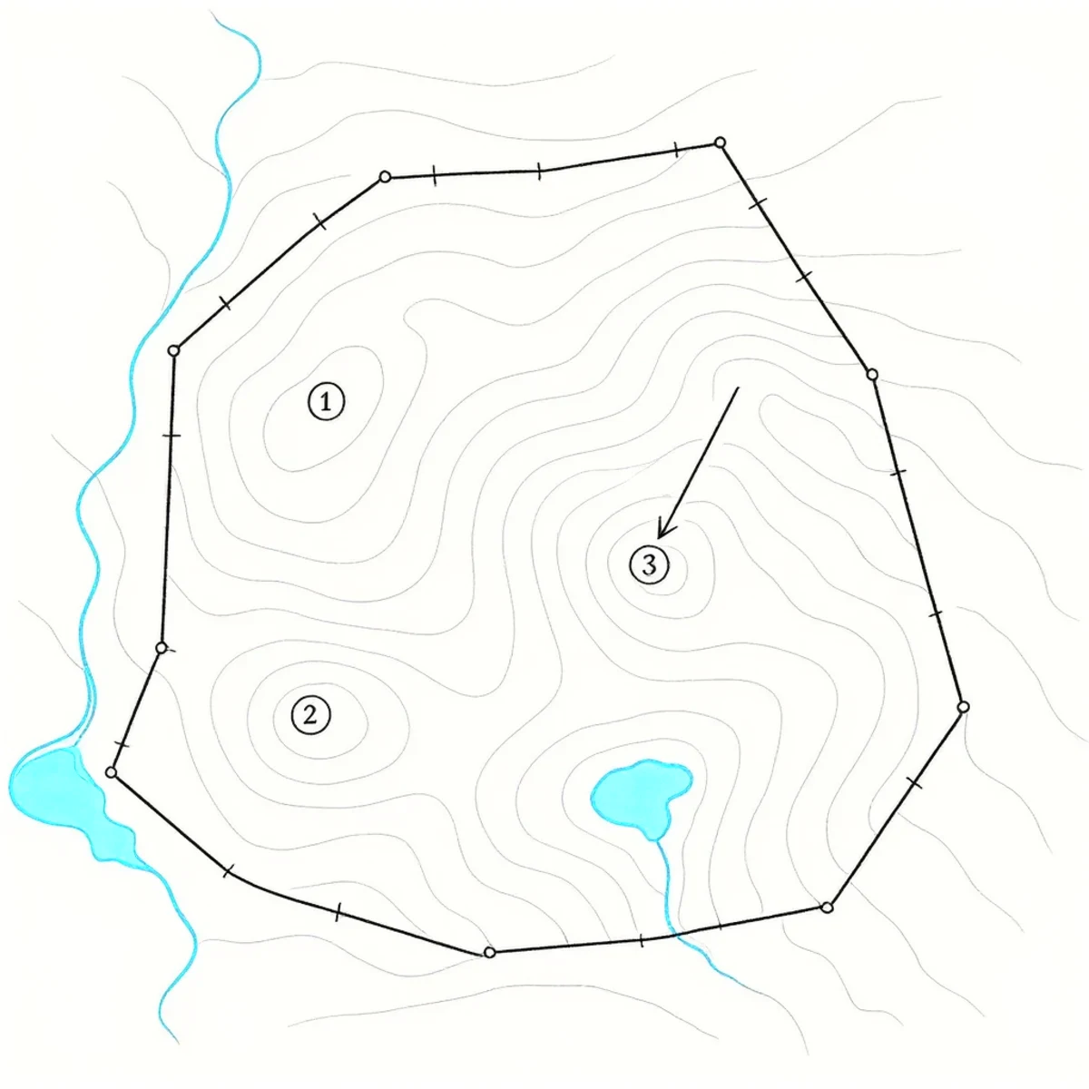 A field boundary drawn over contour lines with three numbered sites inside it