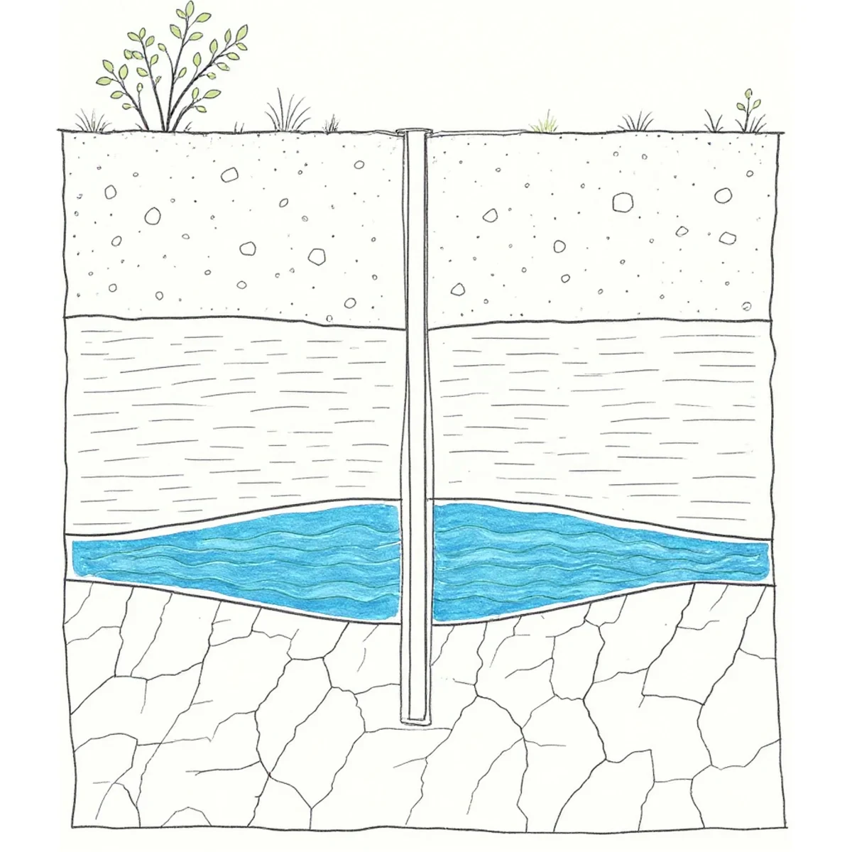 A cross-section through the ground: soil, chalk, a lens of water, and a borehole passing through them into fractured rock